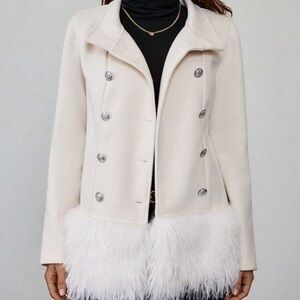 FLUFFY LUXURY Double-Breasted Cream Fur Trimmed Women's Coat S M L